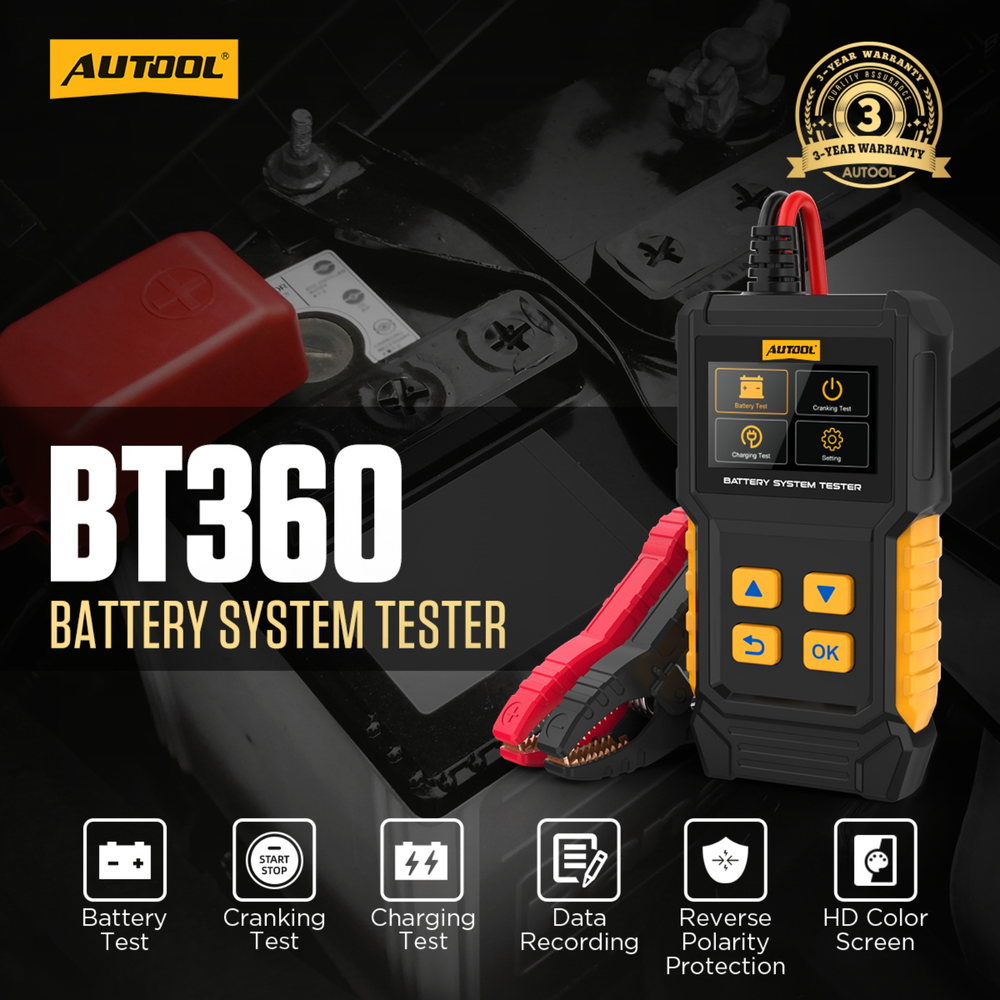 The AUTOOL BT360 Car Battery Tester is a compact and professional diagnostic tool designed to accurately evaluate 12V automotive battery condition, cranking performance, and charging system operation.