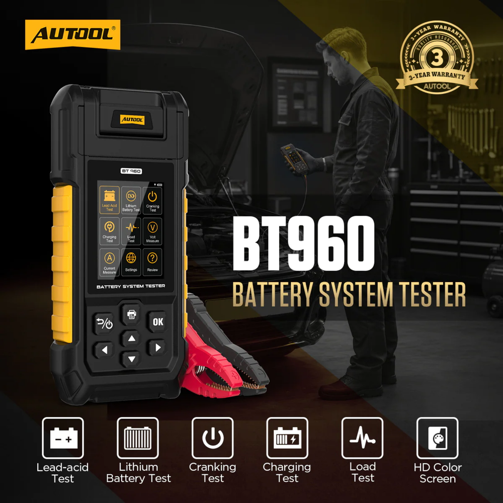 AUTOOL BT960 Lithium & Lead-Acid Battery Tester with Printer. Supporting 6V to 80V systems, it performs comprehensive battery, cranking, charging, load, voltage, and current testing with support for both lead-acid and lithium batteries.