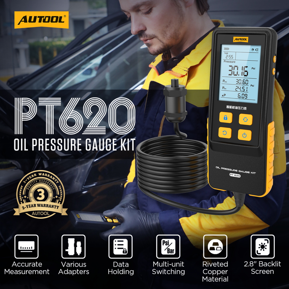 The AUTOOL PT620 Engine Oil Pressure Gauge is a high-precision automotive diagnostic tool designed for accurate engine oil pressure testing.