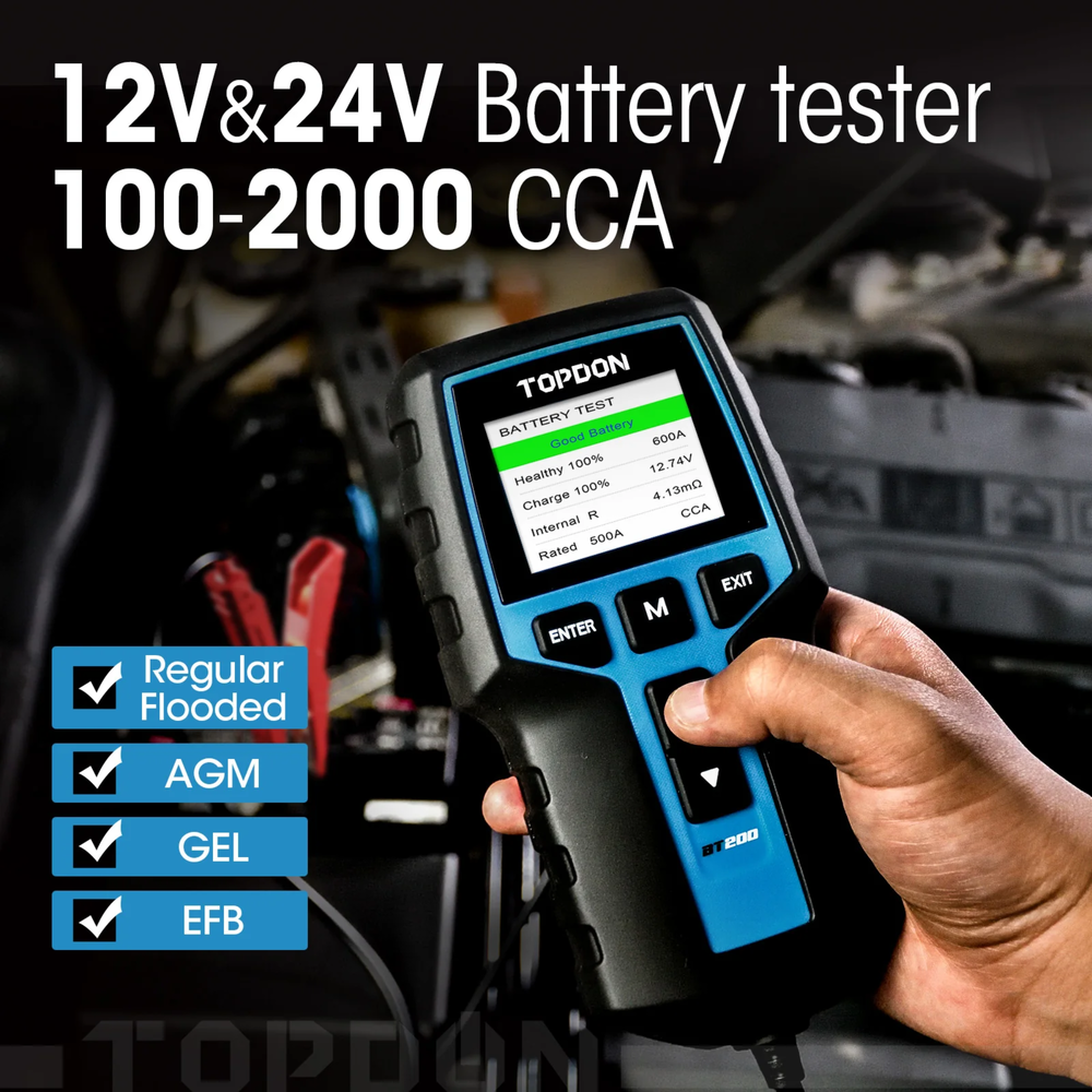 The TOPDON BT200 is a professional automotive battery analyzer engineered to deliver accurate diagnostics for 12V and 24V lead-acid batteries.