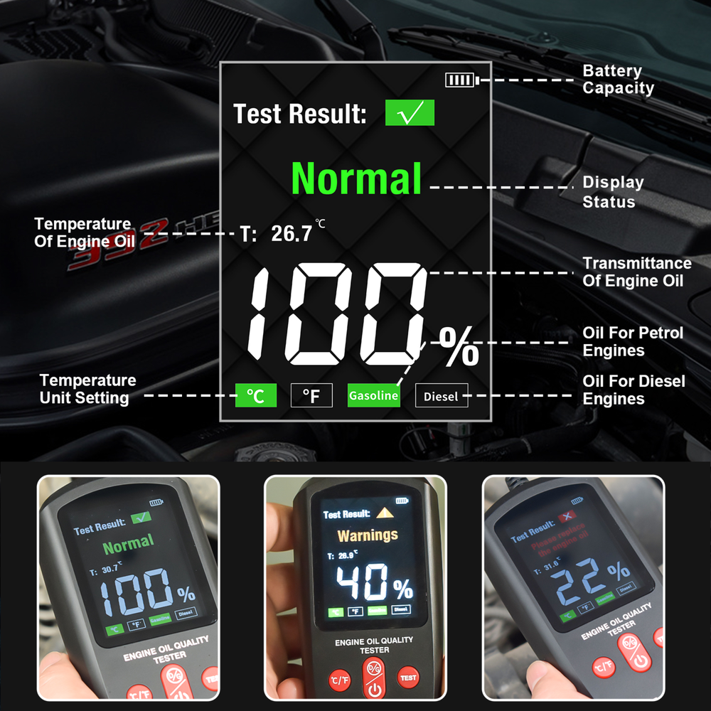 The VT400 Engine Oil Quality Tester is a professional diagnostic tool engineered for accurate and rapid assessment of engine lubricant condition. Designed for automotive technicians and workshops, it measures oil transparency and temperature within seconds to detect contaminants, deposits, and degradation.
