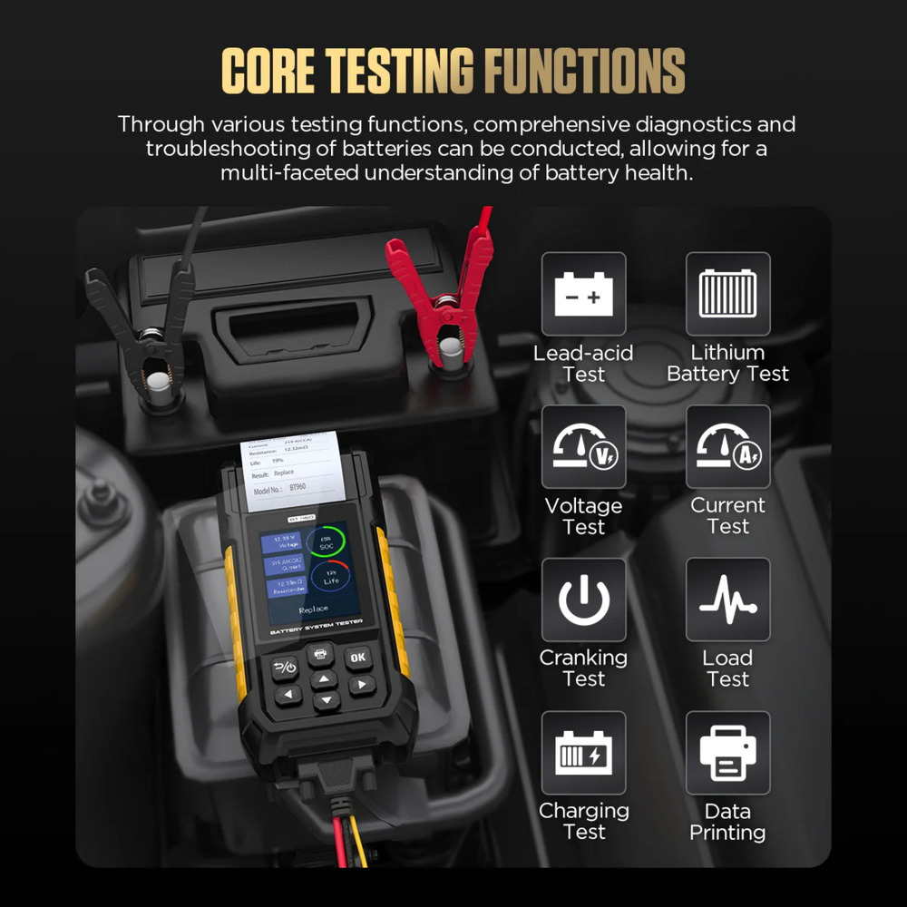 The AUTOOL BT960 Automotive Battery Tester is a professional-grade diagnostic tool designed for accurate battery and electrical system analysis across a wide range of vehicles.