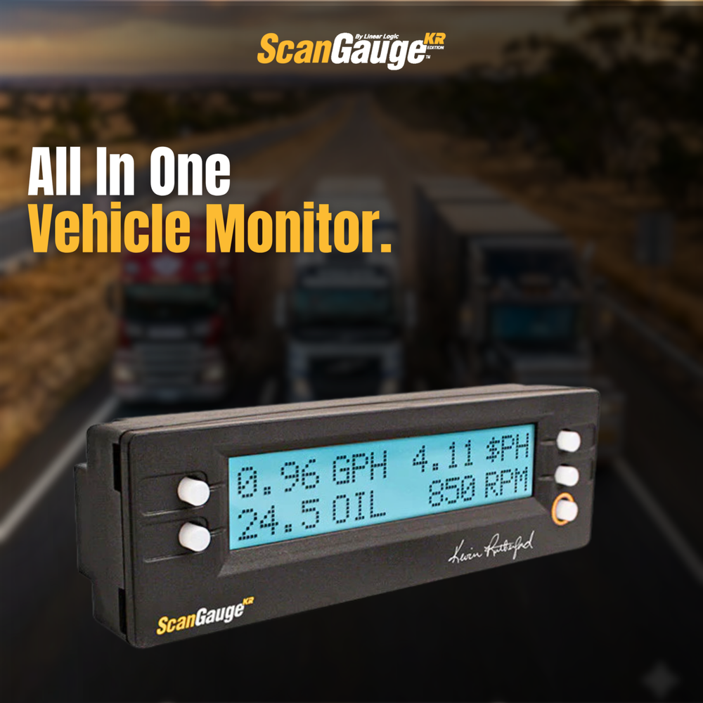 The ScanGauge-KR Heavy Diesel Truck Monitor provides real-time engine monitoring, fuel economy analysis, diagnostic trouble code reading and profit tracking for commercial diesel vehicles.
