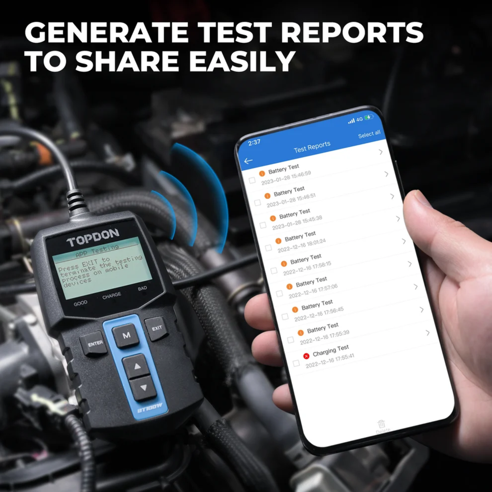 TOPDON BT100W Bluetooth battery diagnostic tool for automotive workshops