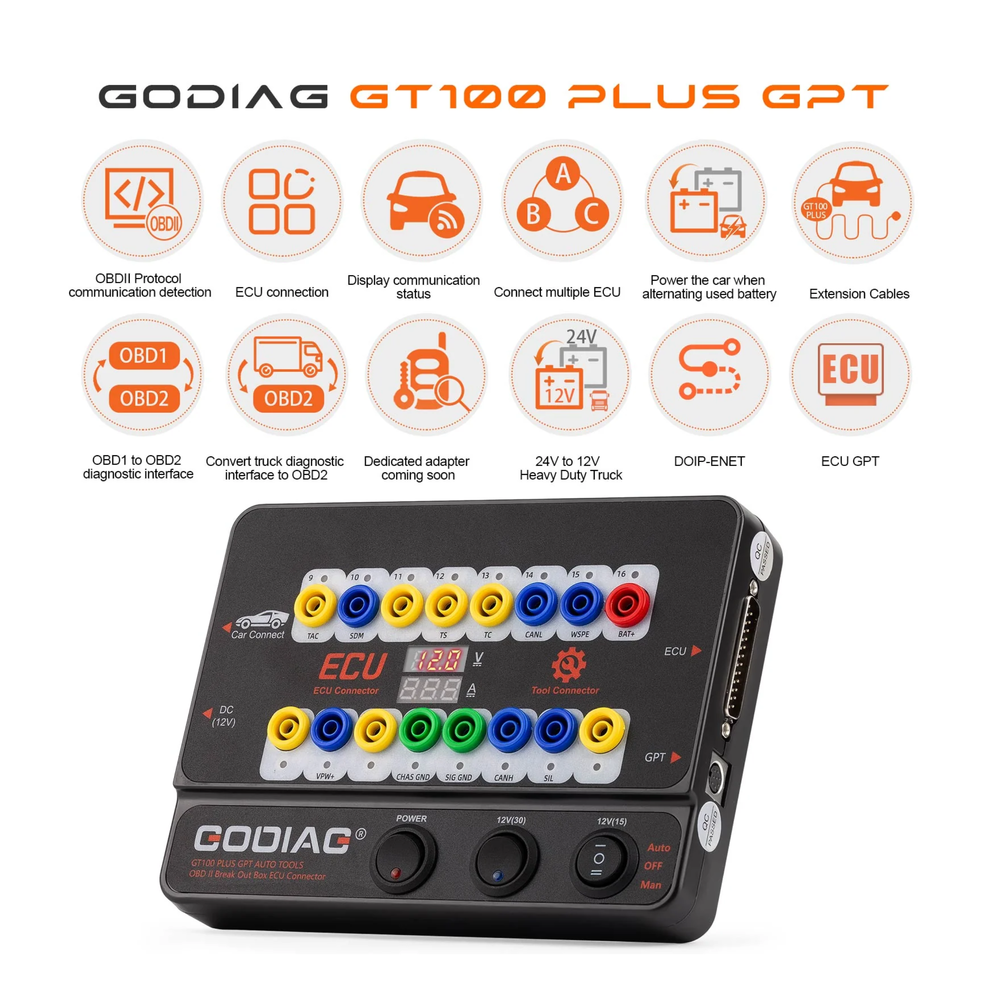 GODIAG GT100 PLUS GPT breakout box with voltage and current display