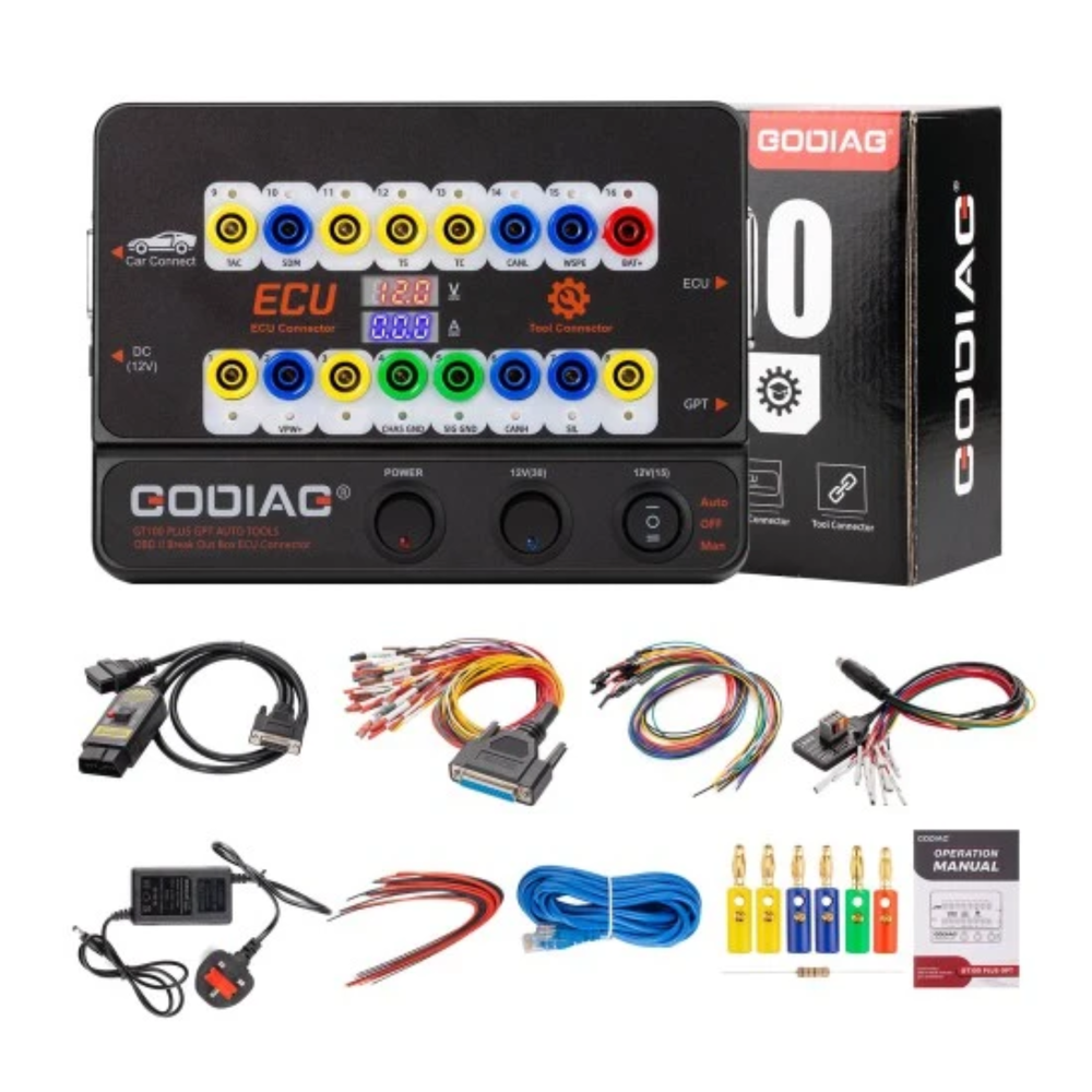 The GODIAG GT100 PLUS GPT OBD2 Breakout Box is a professional diagnostic interface designed for ECU bench testing, programming and vehicle communication analysis.