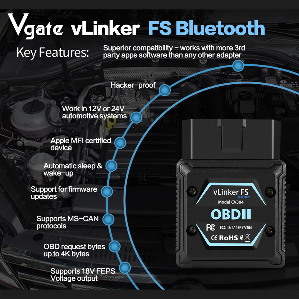 The Vgate vLinker FS Bluetooth OBD-II adapter delivers professional-grade vehicle diagnostics across iOS, Android and Windows platforms. Engineered with Apple MFi certification, it ensures stable and secure connectivity while supporting HS-CAN and MS-CAN networks alongside all standard OBD-II protocols.