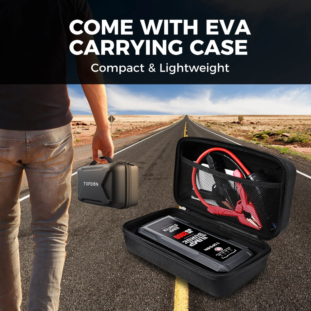 The TOPDON JumpSurge 2000 (JS2000) is a professional-grade portable jump starter engineered for reliable emergency vehicle starting and mobile power delivery. Delivering 2000 peak amps, it instantly revives 12V batteries for gasoline engines up to 8.0L and diesel engines up to 6.0L. Integrated smart safety protections, fast-charging USB outputs, wireless charging, and a 300-lumen emergency flashlight make it an essential power solution for automotive professionals, fleet operators, and everyday drivers requiring dependable roadside readiness.
