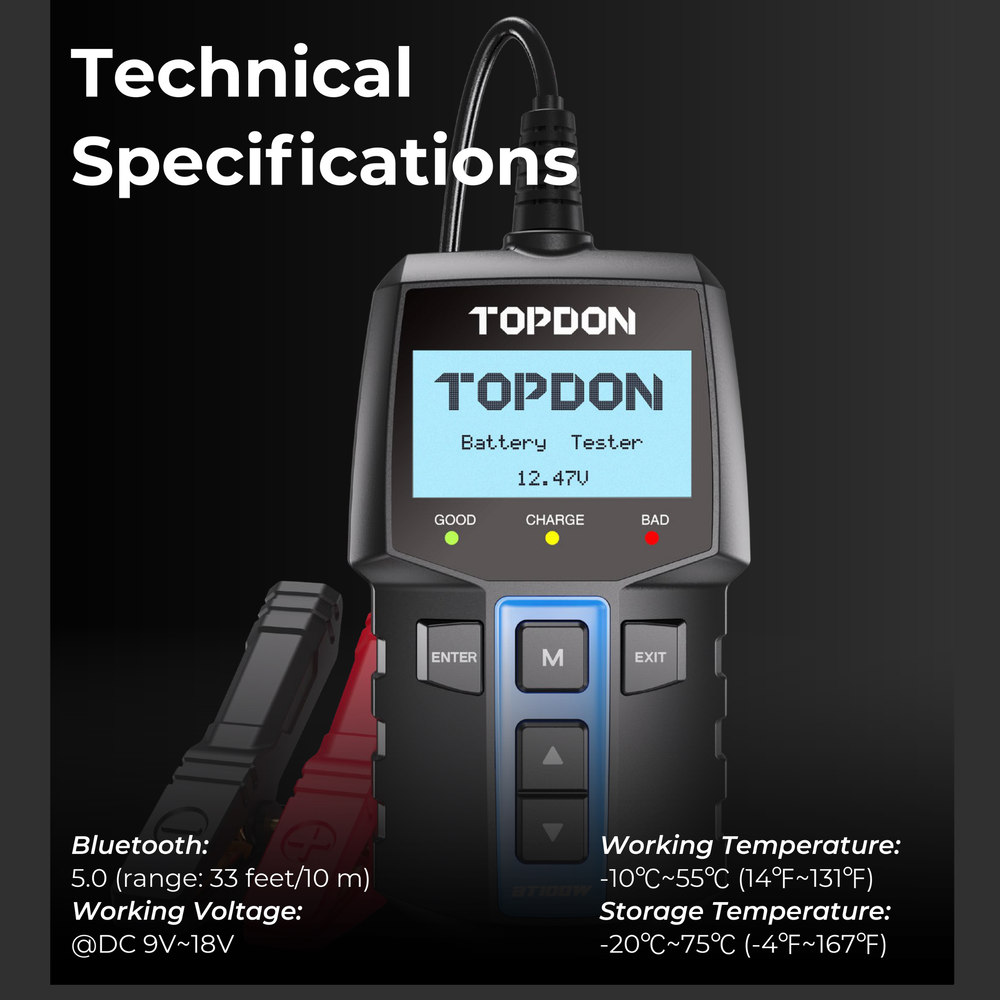 TOPDON BT100W professional battery tester with LCD display