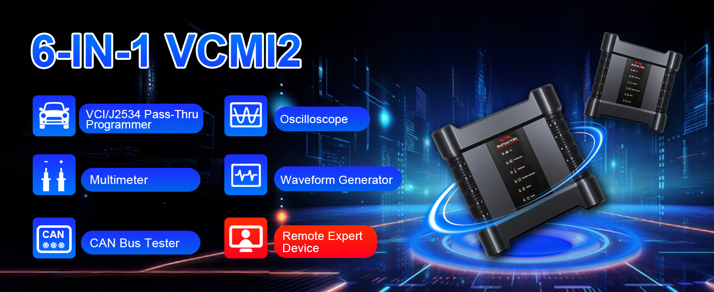 Combining an oscilloscope, multimeter, waveform generator, CAN bus tester, J2534 pass-thru programmer, and Remote Expert support, the VCMI2 delivers a complete set of diagnostic and programming tools in one powerful device.