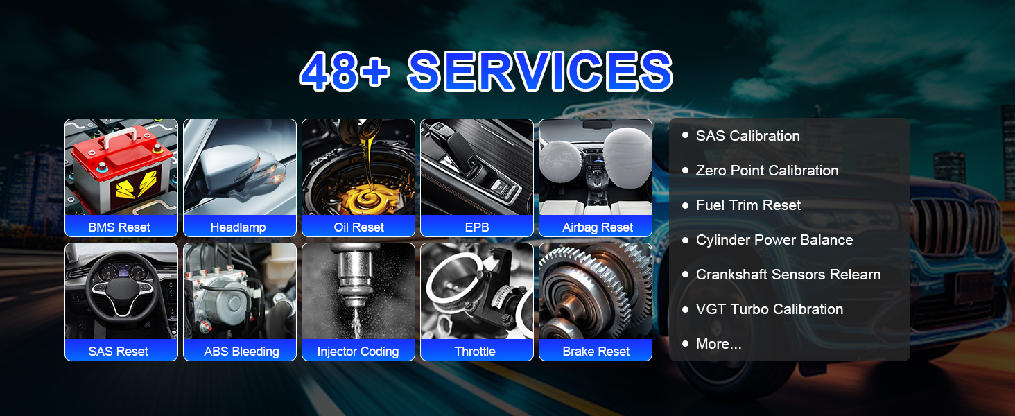 The Ultra S2 provides over 48 professional service functions, including oil reset, EPB, DPF regeneration, BMS, SAS calibration, and EV-specific services. 