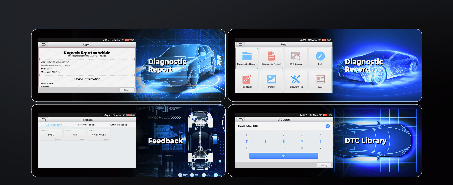 Generate and share detailed diagnostic reports with VIN, brand, model, mileage, and fault codes for every scan. Access history, feedback, and DTC libraries for accurate troubleshooting.