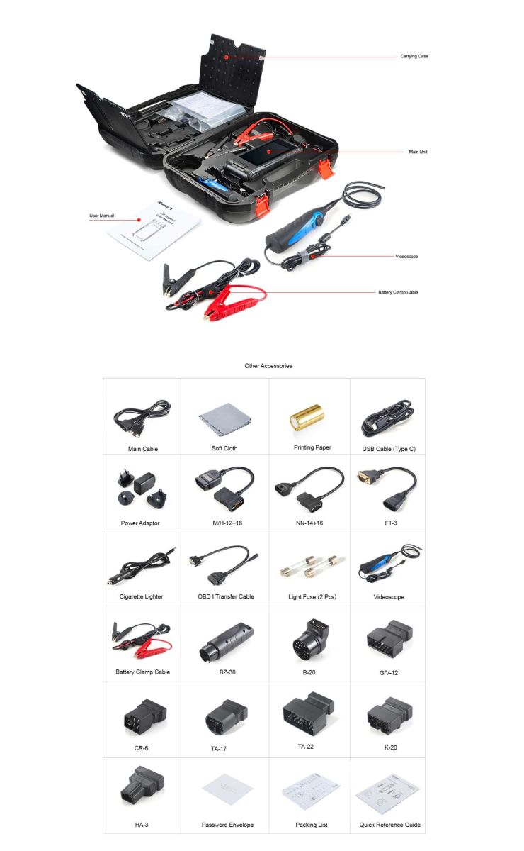 iCarsoft CR Legend OBD Scan Tool Videoscope Endscope Battery Tester Content