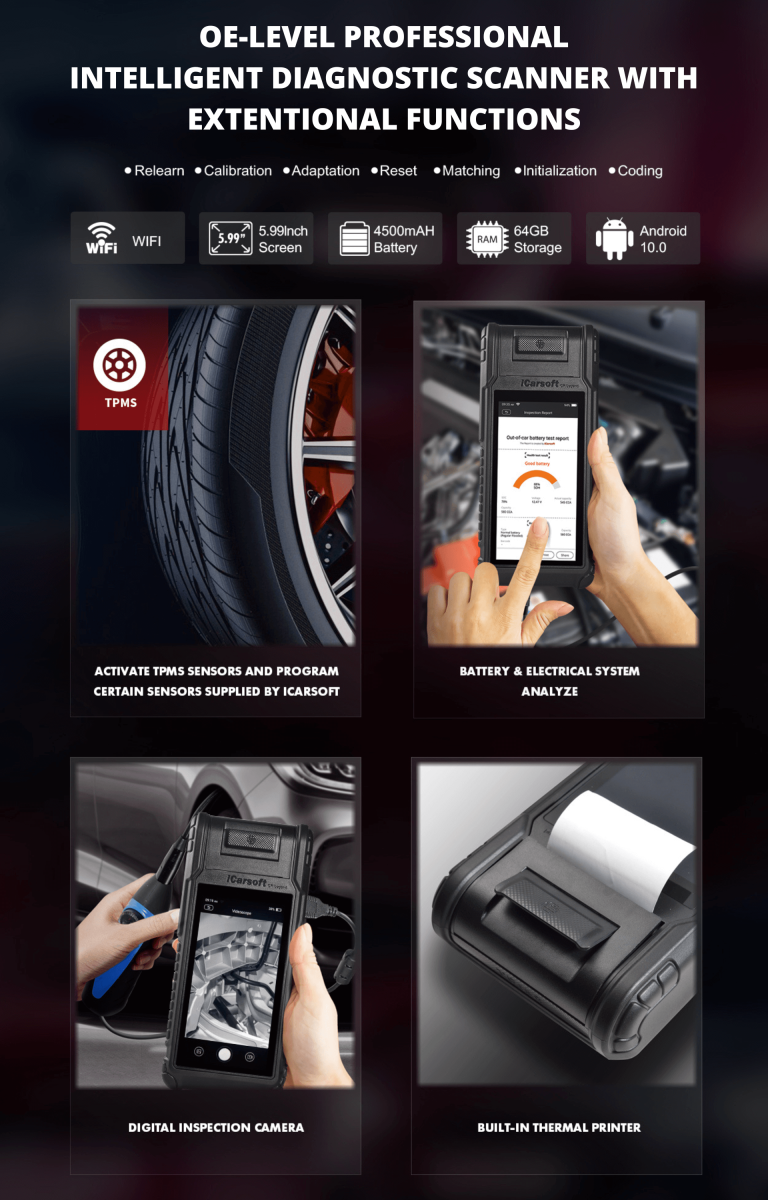 iCarsoft CR-legend features TPMS Videoscope Battery tester diagnostic scan tool
