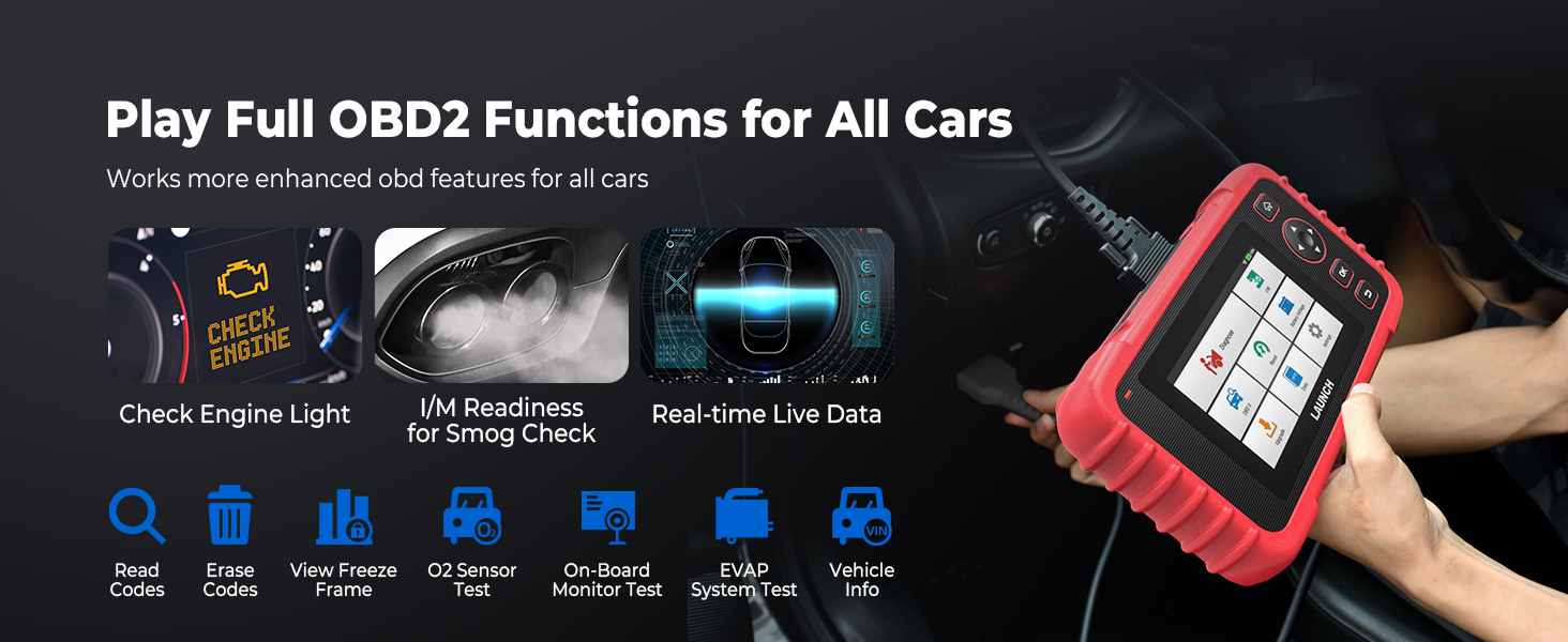 The CRP129X delivers complete OBD2 functionality for every vehicle. From reading and erasing codes to freeze frame data, O2 sensor and EVAP tests, I/M readiness for smog checks, and VIN auto-detection.
