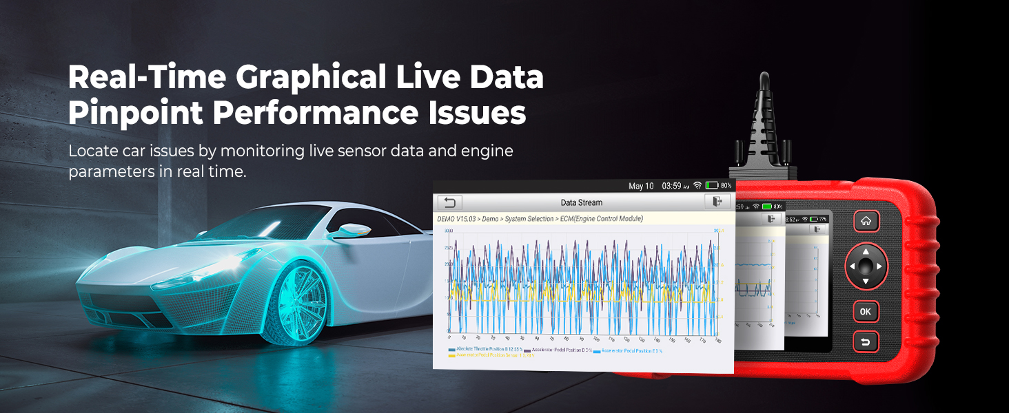 Monitor engine parameters, fuel trims, O2 sensors, and more in real time. Quickly identify irregularities, confirm repairs, and ensure systems run smoothly